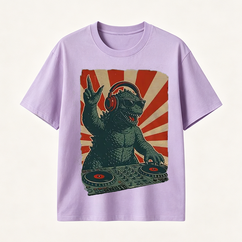Retro Monster DJ Graphic T-Shirt Featuring a Headphone-Wearing Kaiju Spinning Vinyl Records in Streetwear Style
