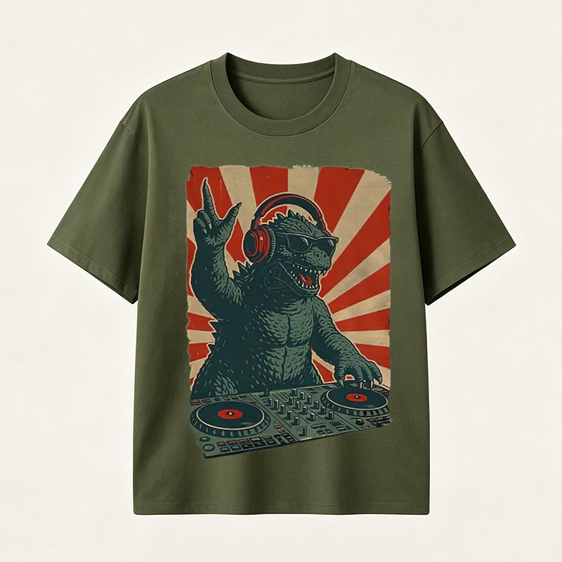 Retro Monster DJ Graphic T-Shirt Featuring a Headphone-Wearing Kaiju Spinning Vinyl Records in Streetwear Style