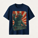 Retro Monster DJ Graphic T-Shirt Featuring a Headphone-Wearing Kaiju Spinning Vinyl Records in Streetwear Style
