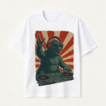 Retro Monster DJ Graphic T-Shirt Featuring a Headphone-Wearing Kaiju Spinning Vinyl Records in Streetwear Style