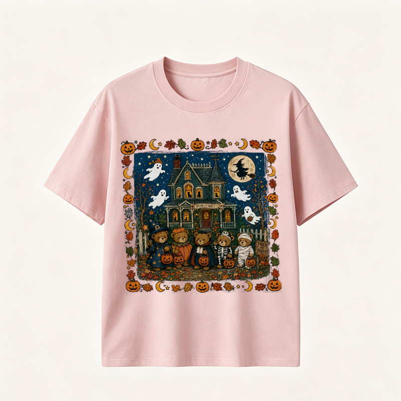 Vintage Halloween T Shirt for Men and Women Featuring Spooky Haunted House, Ghosts and Cute Trick or Treat Design
