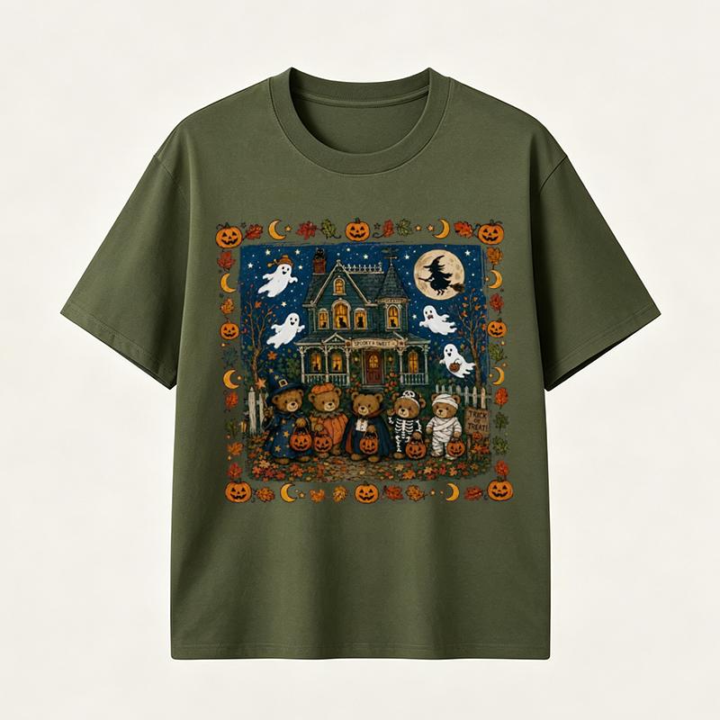 Vintage Halloween T Shirt for Men and Women Featuring Spooky Haunted House, Ghosts and Cute Trick or Treat Design