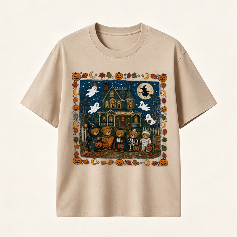 Vintage Halloween T Shirt for Men and Women Featuring Spooky Haunted House, Ghosts and Cute Trick or Treat Design