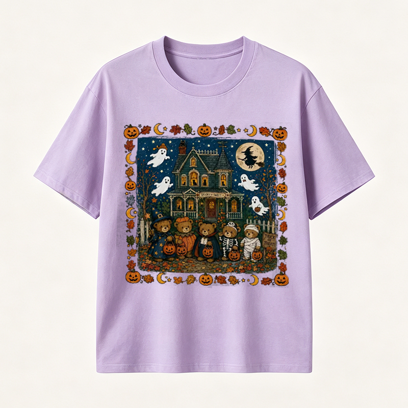 Vintage Halloween T Shirt for Men and Women Featuring Spooky Haunted House, Ghosts and Cute Trick or Treat Design