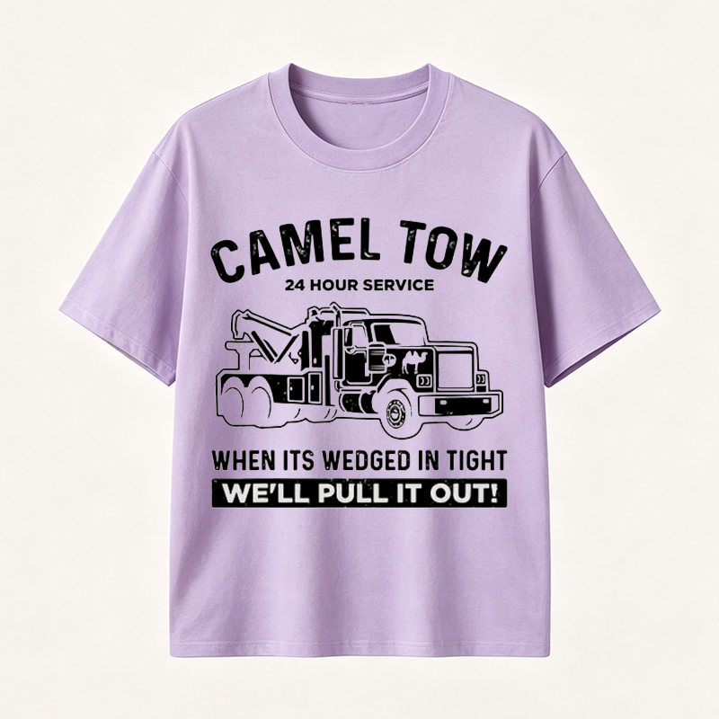 Funny Tow Truck T Shirt for Men Featuring Camel Tow 24 Hour Service Rescue Design and Roadside Humor