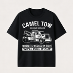 Funny Tow Truck T Shirt for Men Featuring Camel Tow 24 Hour Service Rescue Design and Roadside Humor