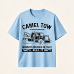 Funny Tow Truck T Shirt for Men Featuring Camel Tow 24 Hour Service Rescue Design and Roadside Humor