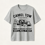Funny Tow Truck T Shirt for Men Featuring Camel Tow 24 Hour Service Rescue Design and Roadside Humor
