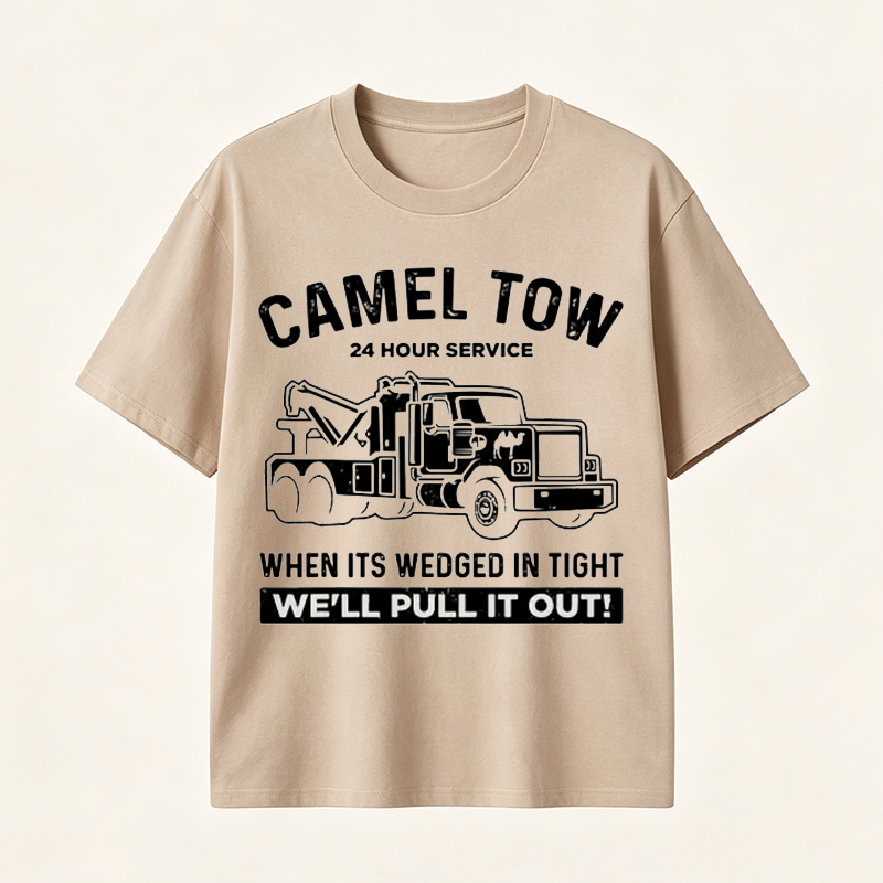 Funny Tow Truck T Shirt for Men Featuring Camel Tow 24 Hour Service Rescue Design and Roadside Humor