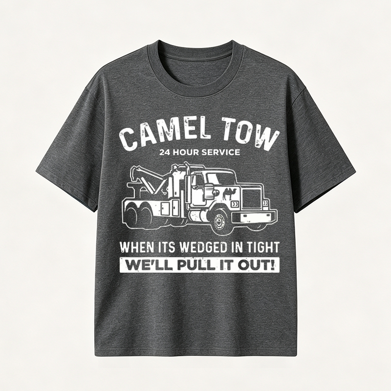 Funny Tow Truck T Shirt for Men Featuring Camel Tow 24 Hour Service Rescue Design and Roadside Humor