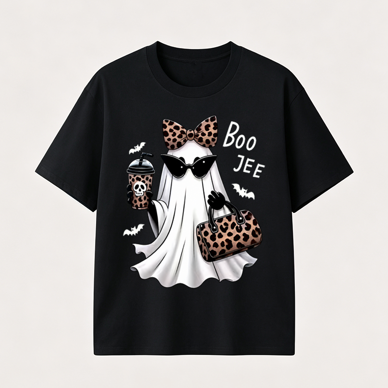 Boo Jee Chic Ghost Halloween T-Shirt with Leopard Print Accessories for Stylish Spooky Season Fans