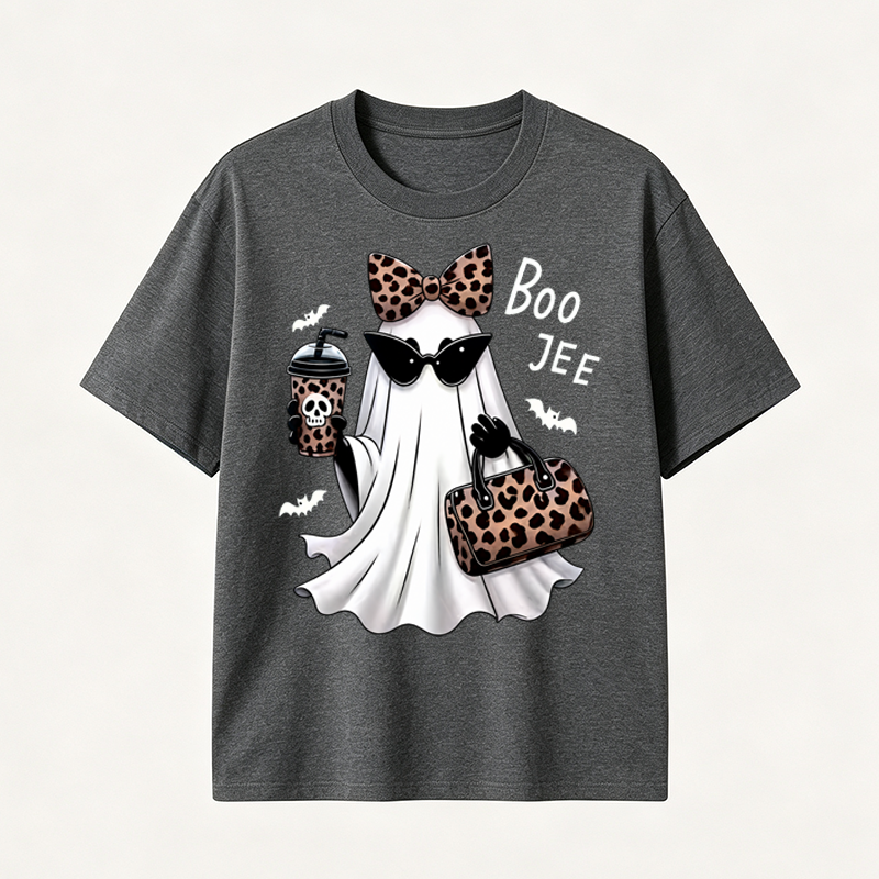 Boo Jee Chic Ghost Halloween T-Shirt with Leopard Print Accessories for Stylish Spooky Season Fans
