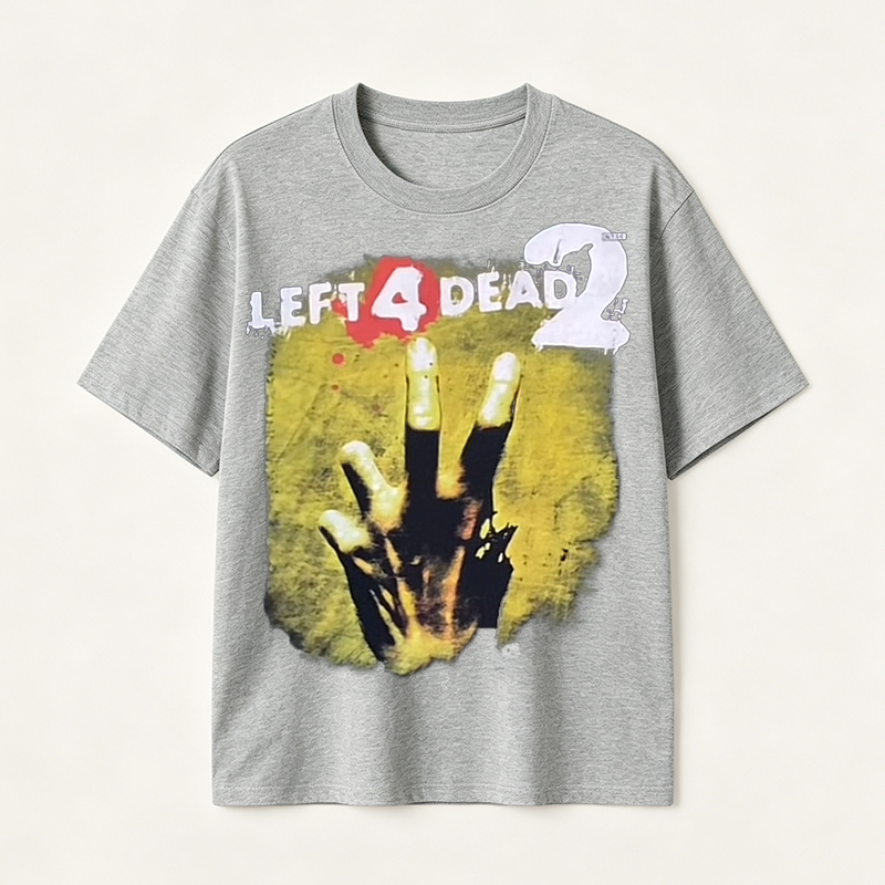 Left 4 Dead Inspired Horror Graphic T-Shirt with Zombie Survival Style and Dark Gaming Aesthetic