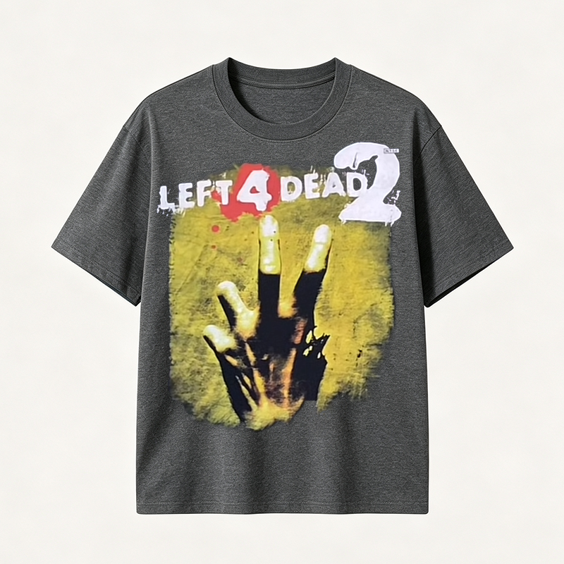 Left 4 Dead Inspired Horror Graphic T-Shirt with Zombie Survival Style and Dark Gaming Aesthetic