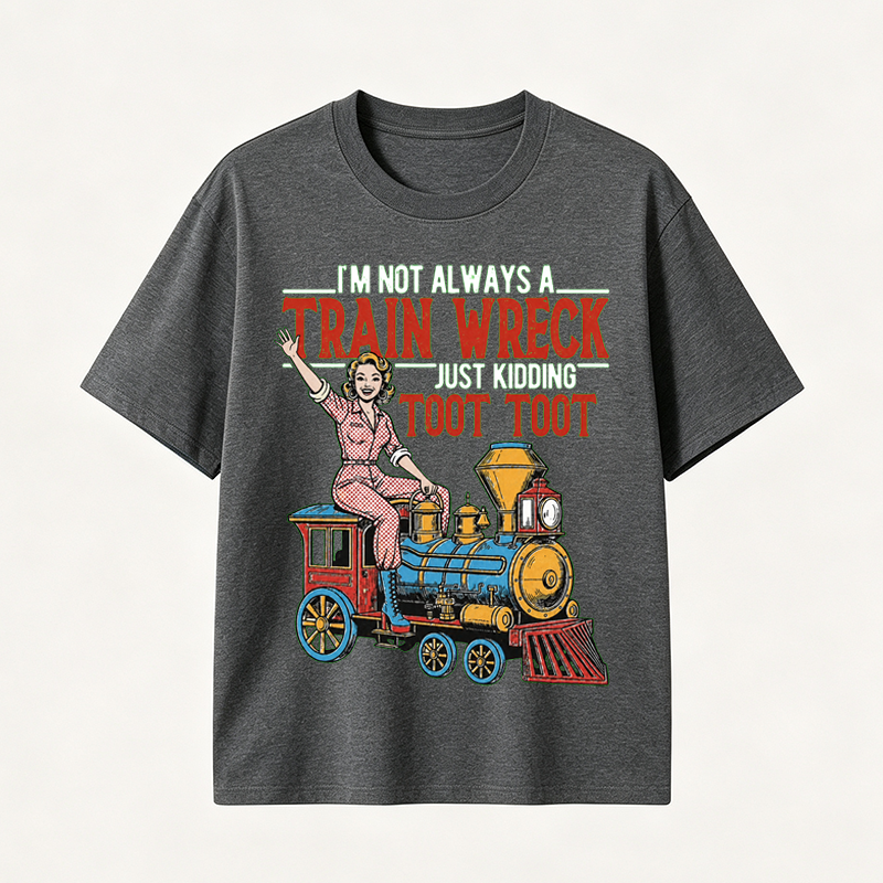 Funny Train Wreck T-Shirt with Retro Locomotive Design and Playful Toot Toot Humor