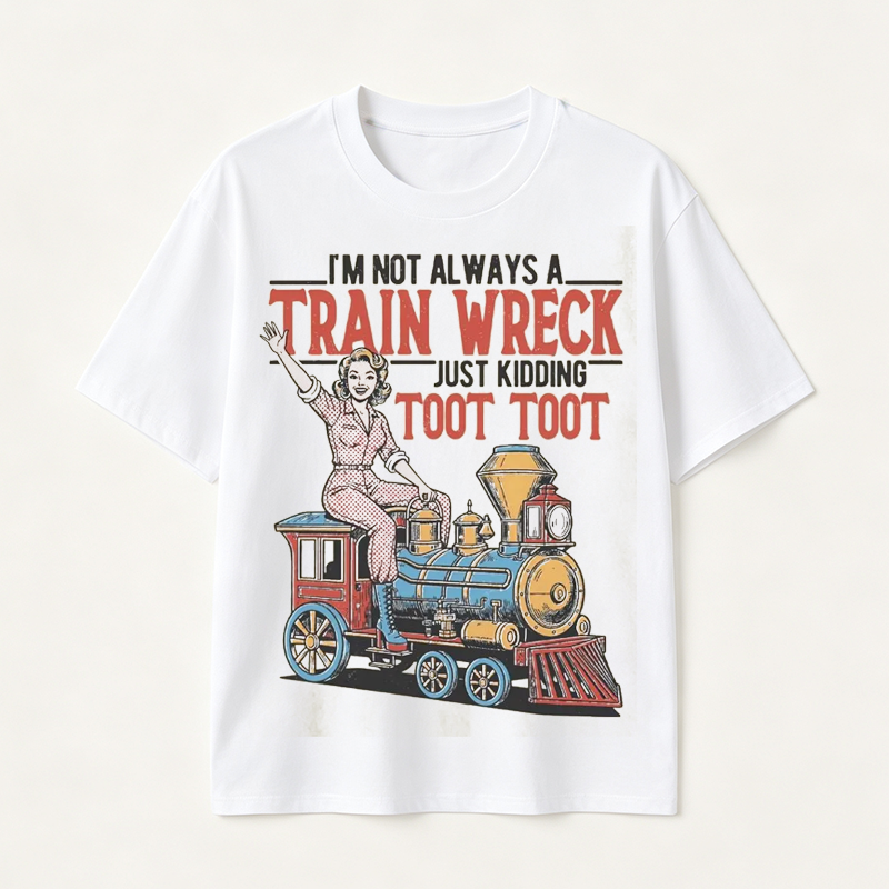 Funny Train Wreck T-Shirt with Retro Locomotive Design and Playful Toot Toot Humor