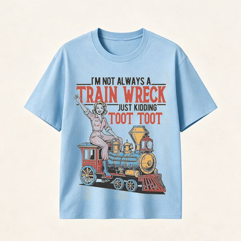 Funny Train Wreck T-Shirt with Retro Locomotive Design and Playful Toot Toot Humor