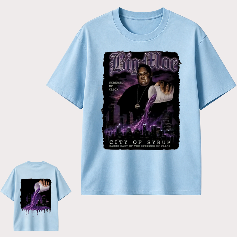 Big Moe Inspired Graphic T-Shirt with Purple Street Art Design and Hip Hop Culture Style
