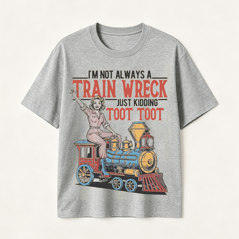 Funny Train Wreck T-Shirt with Retro Locomotive Design and Playful Toot Toot Humor