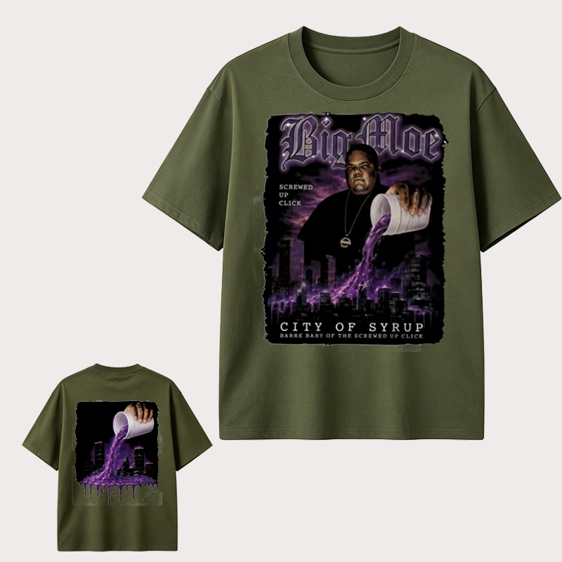Big Moe Inspired Graphic T-Shirt with Purple Street Art Design and Hip Hop Culture Style