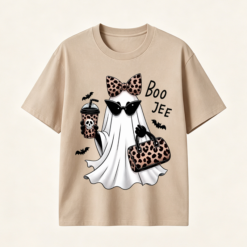 Boo Jee Chic Ghost Halloween T-Shirt with Leopard Print Accessories for Stylish Spooky Season Fans