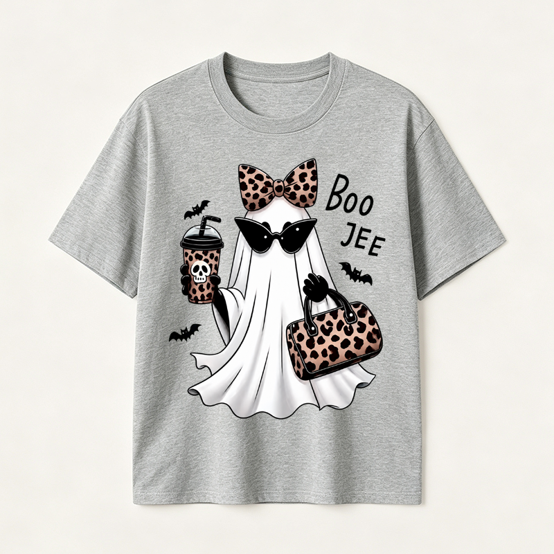 Boo Jee Chic Ghost Halloween T-Shirt with Leopard Print Accessories for Stylish Spooky Season Fans