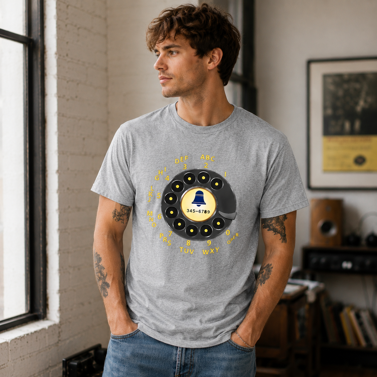 Vintage Rotary Phone Dial Pattern T-Shirt--VINT002