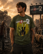 Left 4 Dead Inspired Horror Graphic T-Shirt with Zombie Survival Style and Dark Gaming Aesthetic