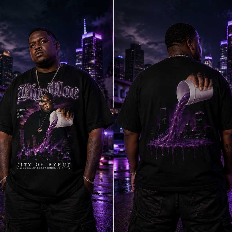 Big Moe Inspired Graphic T-Shirt with Purple Street Art Design and Hip Hop Culture Style