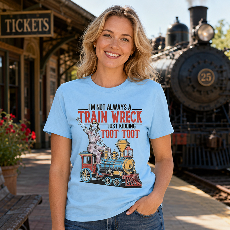 Funny Train Wreck T-Shirt with Retro Locomotive Design and Playful Toot Toot Humor