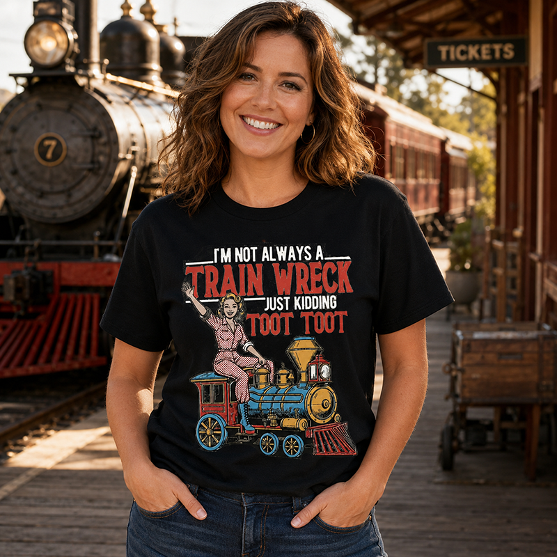 Funny Train Wreck T-Shirt with Retro Locomotive Design and Playful Toot Toot Humor