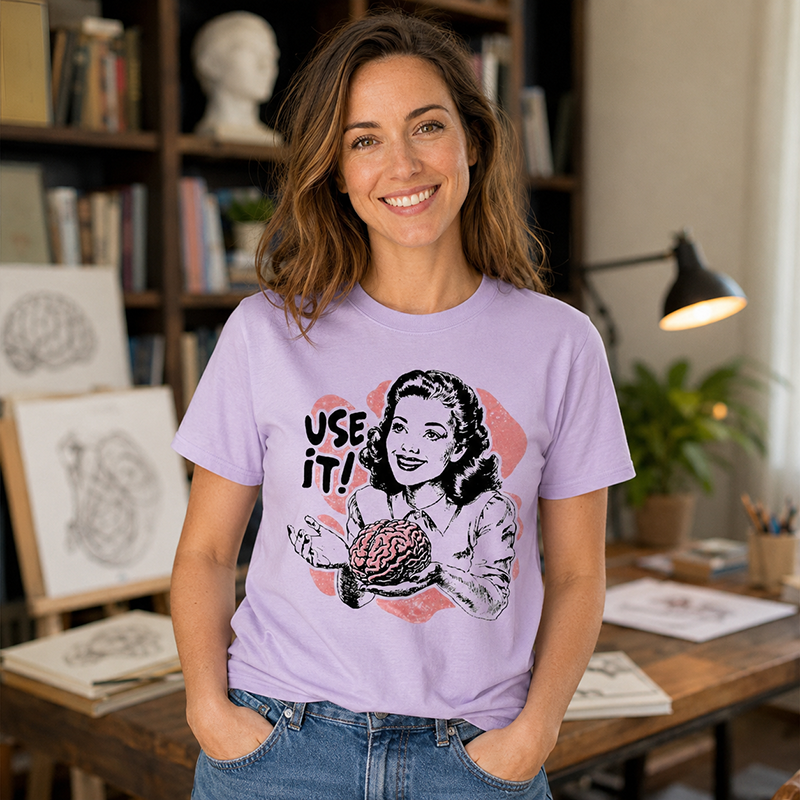 Funny “Use It” Brain Graphic T-Shirt with Retro Woman Design for Smart and Sarcastic Thinkers