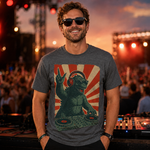 Retro Monster DJ Graphic T-Shirt Featuring a Headphone-Wearing Kaiju Spinning Vinyl Records in Streetwear Style