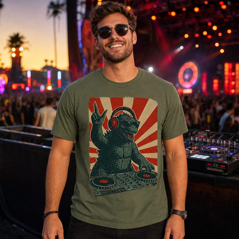 Retro Monster DJ Graphic T-Shirt Featuring a Headphone-Wearing Kaiju Spinning Vinyl Records in Streetwear Style