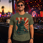 Retro Monster DJ Graphic T-Shirt Featuring a Headphone-Wearing Kaiju Spinning Vinyl Records in Streetwear Style