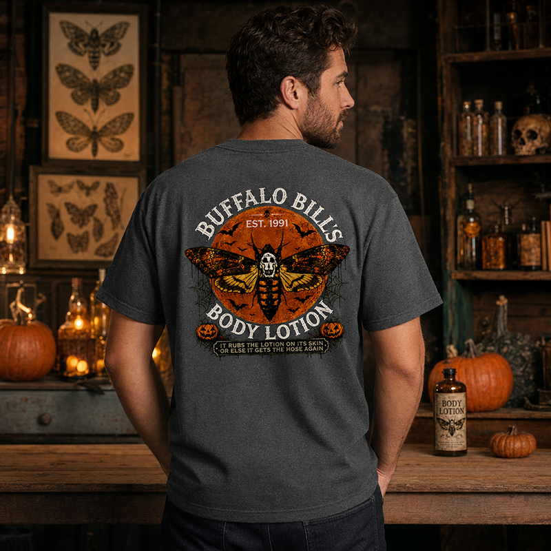 Buffalo Bill’s Body Lotion Horror Moth Graphic Halloween T-Shirt with Vintage Front and Back Print
