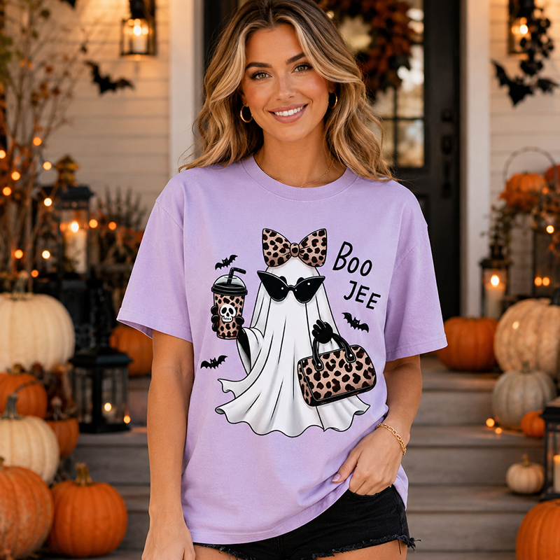 Boo Jee Chic Ghost Halloween T-Shirt with Leopard Print Accessories for Stylish Spooky Season Fans