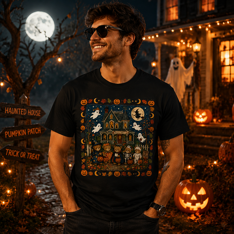 Vintage Halloween T Shirt for Men and Women Featuring Spooky Haunted House, Ghosts and Cute Trick or Treat Design