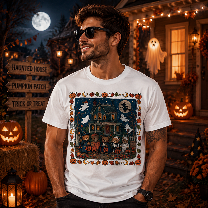 Vintage Halloween T Shirt for Men and Women Featuring Spooky Haunted House, Ghosts and Cute Trick or Treat Design