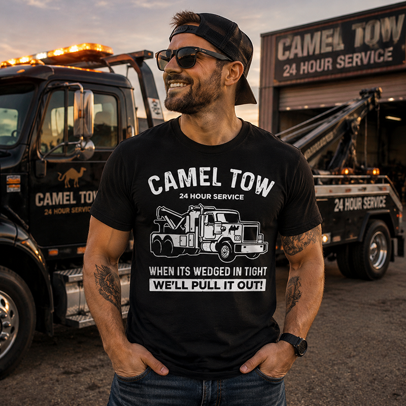 Funny Tow Truck T Shirt for Men Featuring Camel Tow 24 Hour Service Rescue Design and Roadside Humor