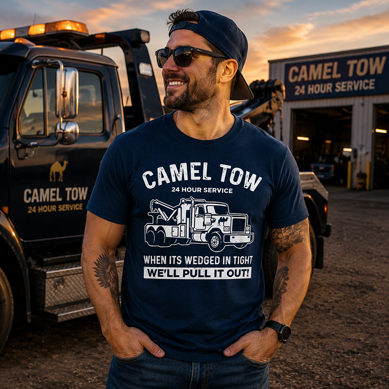 Funny Tow Truck T Shirt for Men Featuring Camel Tow 24 Hour Service Rescue Design and Roadside Humor