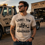 Funny Tow Truck T Shirt for Men Featuring Camel Tow 24 Hour Service Rescue Design and Roadside Humor