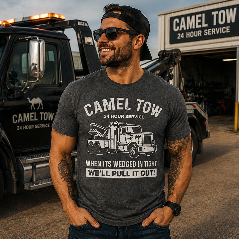 Funny Tow Truck T Shirt for Men Featuring Camel Tow 24 Hour Service Rescue Design and Roadside Humor