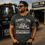 Funny Tow Truck T Shirt for Men Featuring Camel Tow 24 Hour Service Rescue Design and Roadside Humor