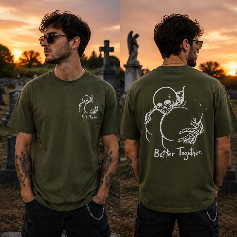 Dark Gothic Couple T Shirt Featuring Skeleton Love Design and “Better Together” Romantic Alternative Style