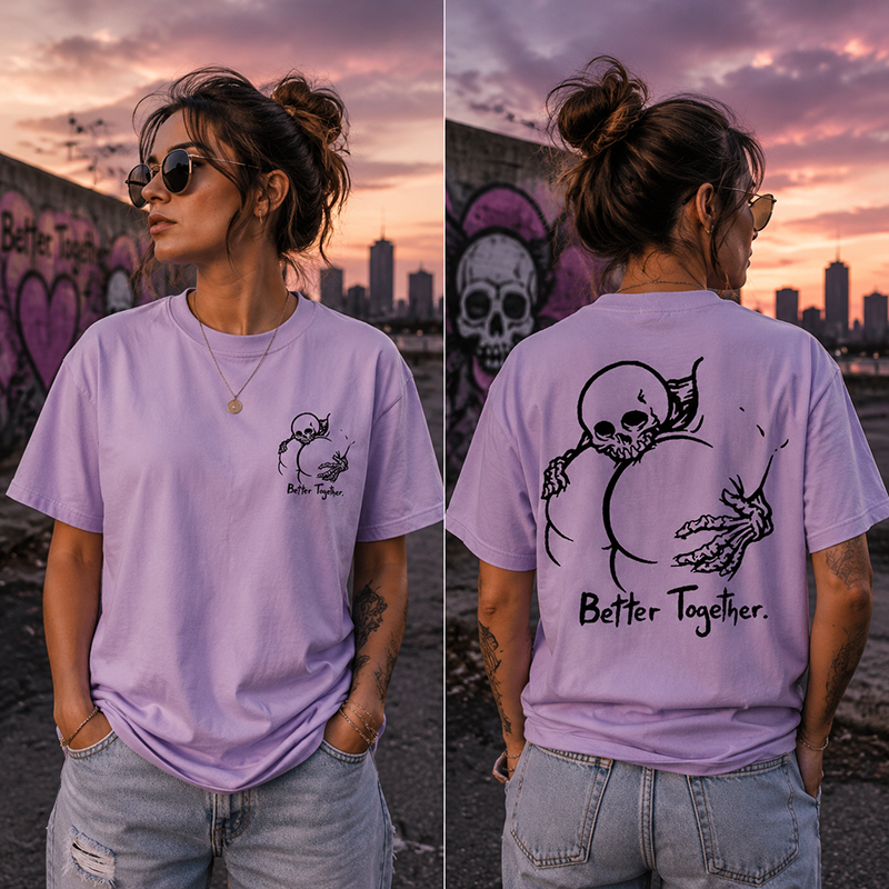 Dark Gothic Couple T Shirt Featuring Skeleton Love Design and “Better Together” Romantic Alternative Style