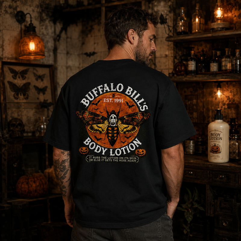 Buffalo Bill’s Body Lotion Horror Moth Graphic Halloween T-Shirt with Vintage Front and Back Print