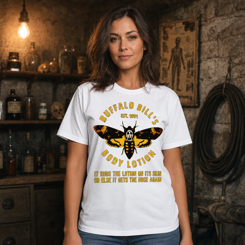 Buffalo Bill’s Body Lotion Horror Movie Parody Graphic T-Shirt for Dark Humor and Thriller Fans