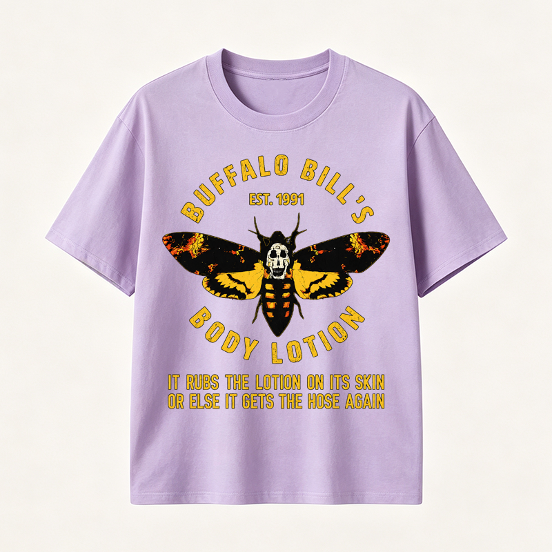 Buffalo Bill’s Body Lotion Horror Movie Parody Graphic T-Shirt for Dark Humor and Thriller Fans