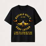 Buffalo Bill’s Body Lotion Horror Movie Parody Graphic T-Shirt for Dark Humor and Thriller Fans